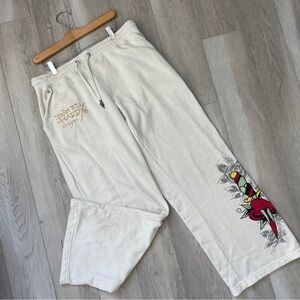 Ed Hardy Cream Wide Leg Pants with Red and Black Design
